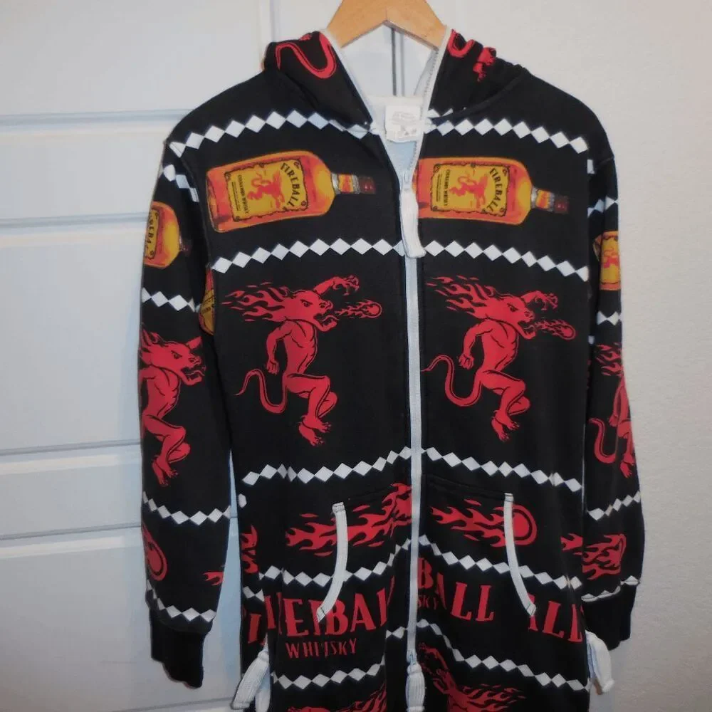 Fireball Whiskey One Piece Pajamas Fleece Lined Christmas‎ Jumpsuit Size Small